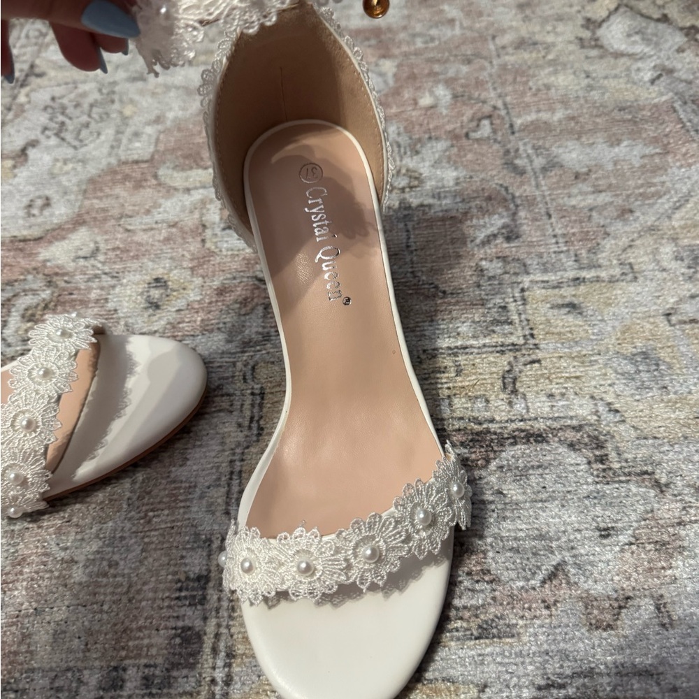Ivory Lace Pearl Heels with Ankle Strap